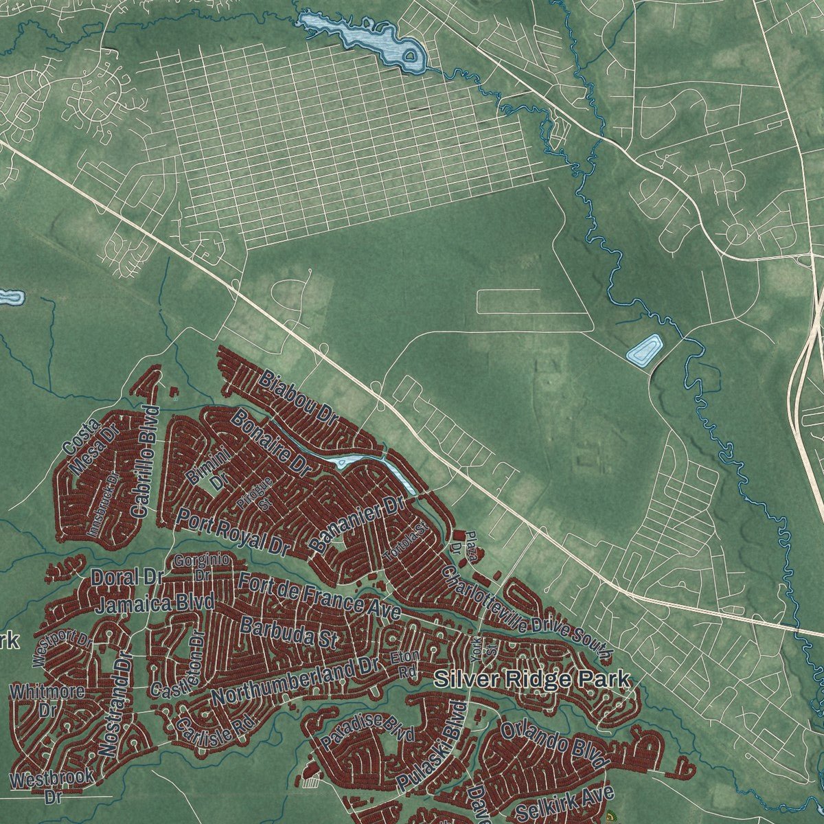 Second close-up of the map of Berkeley, New Jersey print showing more streets and buildings