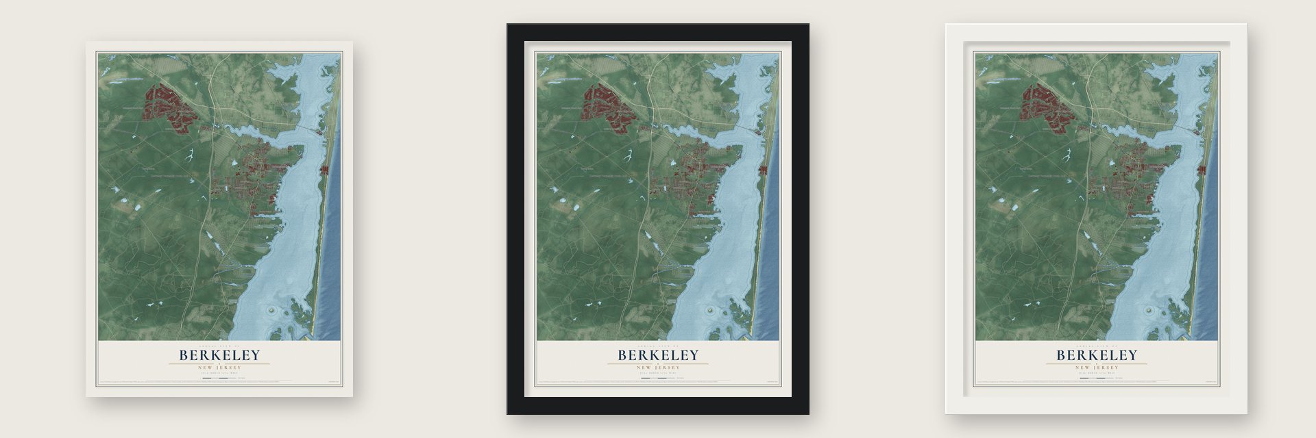 Berkeley, New Jersey map unframed, in a black wood frame and in a white wood frame