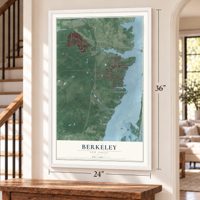 Berkeley, New Jersey map, 24 x 36 inch print in a white frame by a staircase