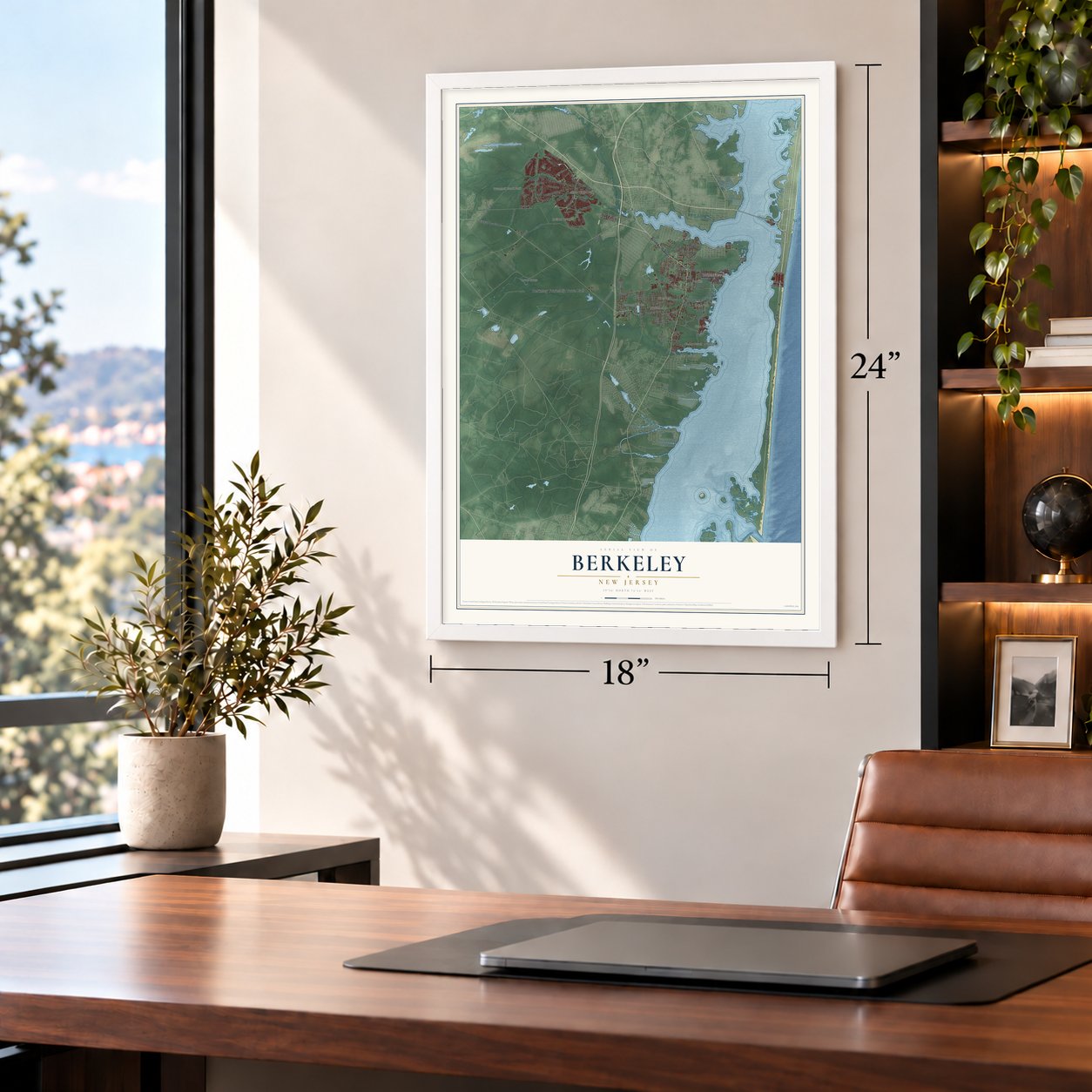 Berkeley, New Jersey map, 18 x 24 inch print in a white frame in a home office