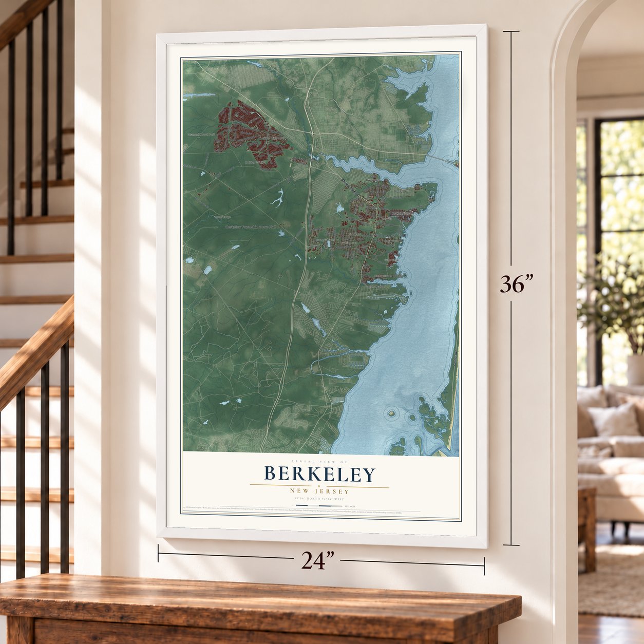 Berkeley, New Jersey map, 24 x 36 inch print in a white frame by a staircase