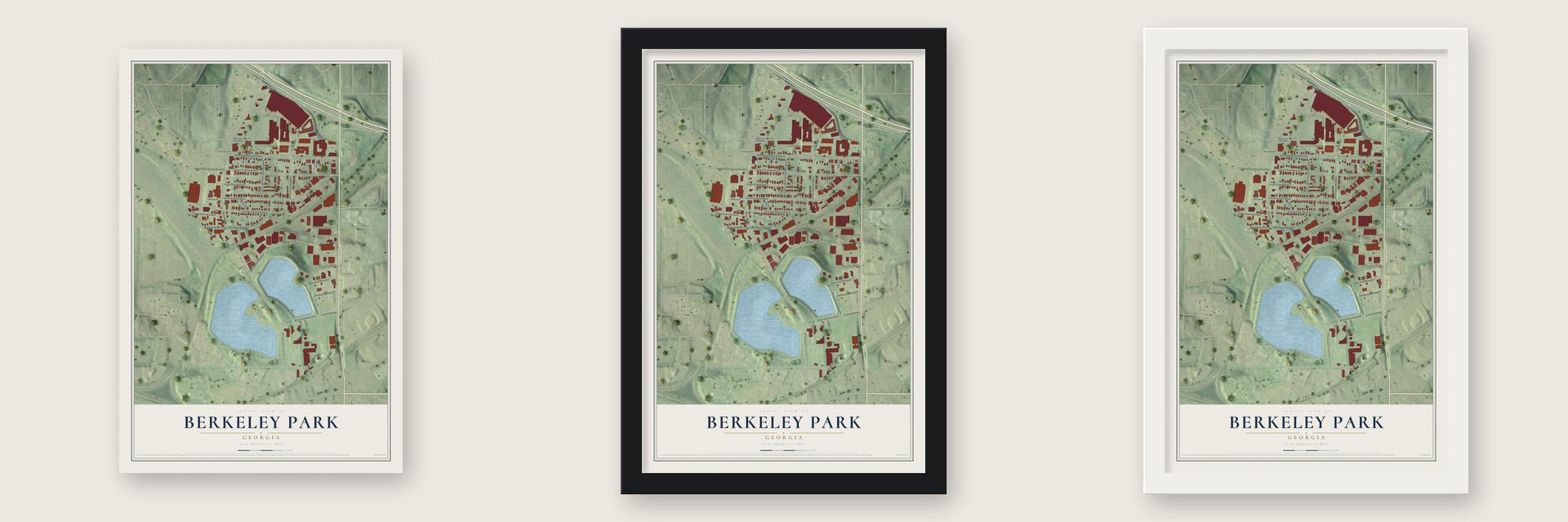 Berkeley Park, Georgia map unframed, in a black wood frame and in a white wood frame