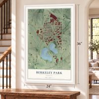 Berkeley Park, Georgia map, 24 x 36 inch print in a white frame by a staircase