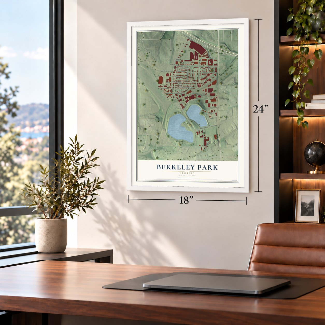 Berkeley Park, Georgia map, 18 x 24 inch print in a white frame in a home office