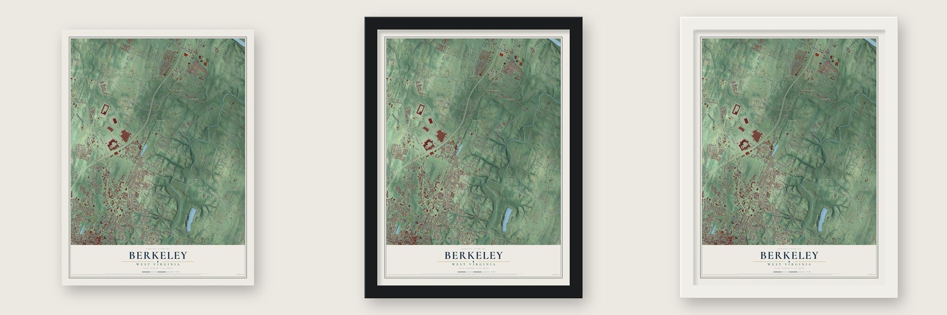 Berkeley, West Virginia map unframed, in a black wood frame and in a white wood frame