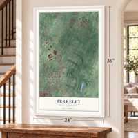Berkeley, West Virginia map, 24 x 36 inch print in a white frame by a staircase