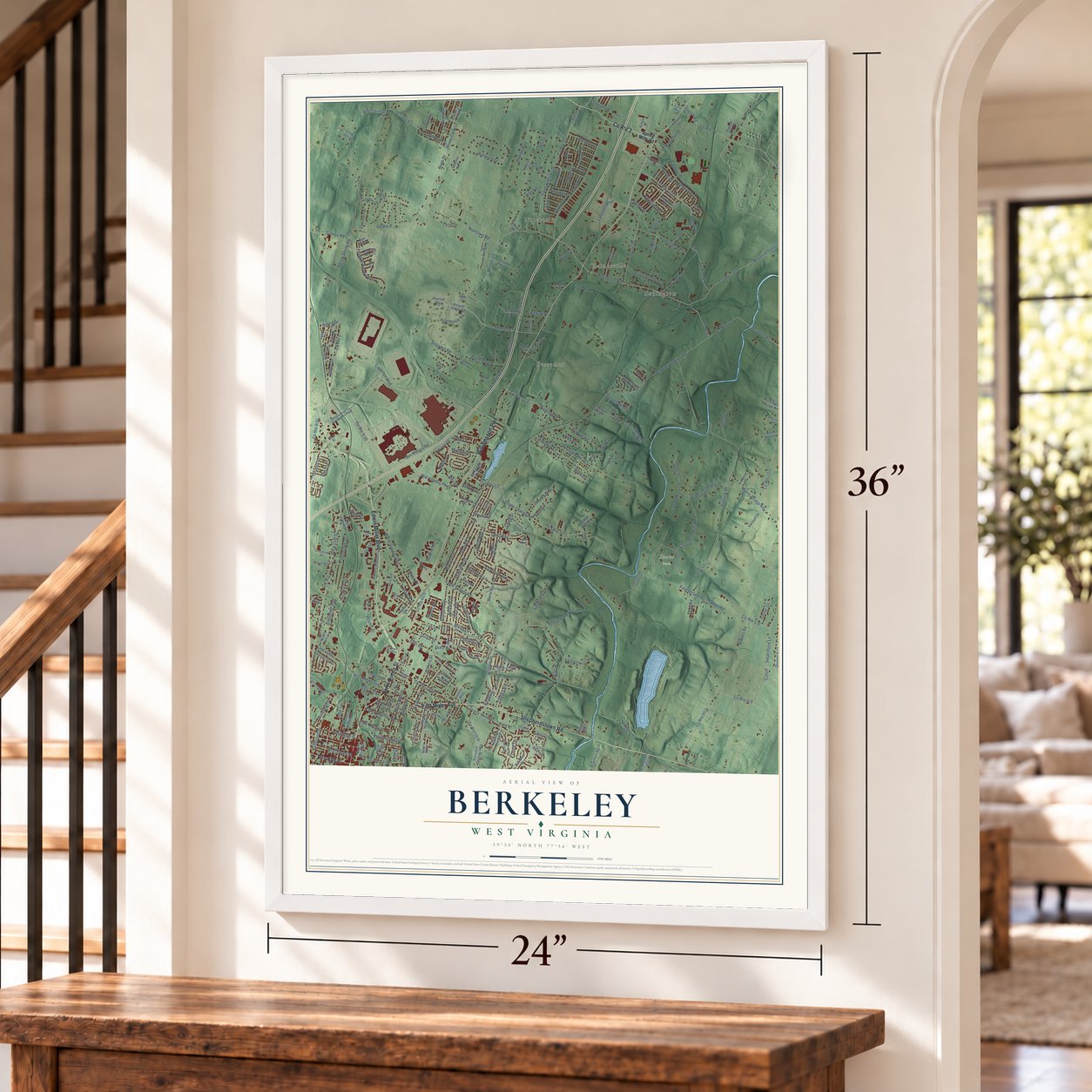 Berkeley, West Virginia map, 24 x 36 inch print in a white frame by a staircase