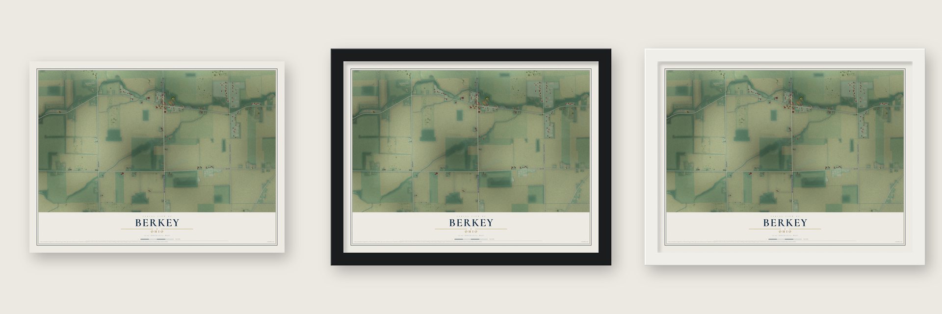 Berkey, Ohio map unframed, in a black wood frame and in a white wood frame