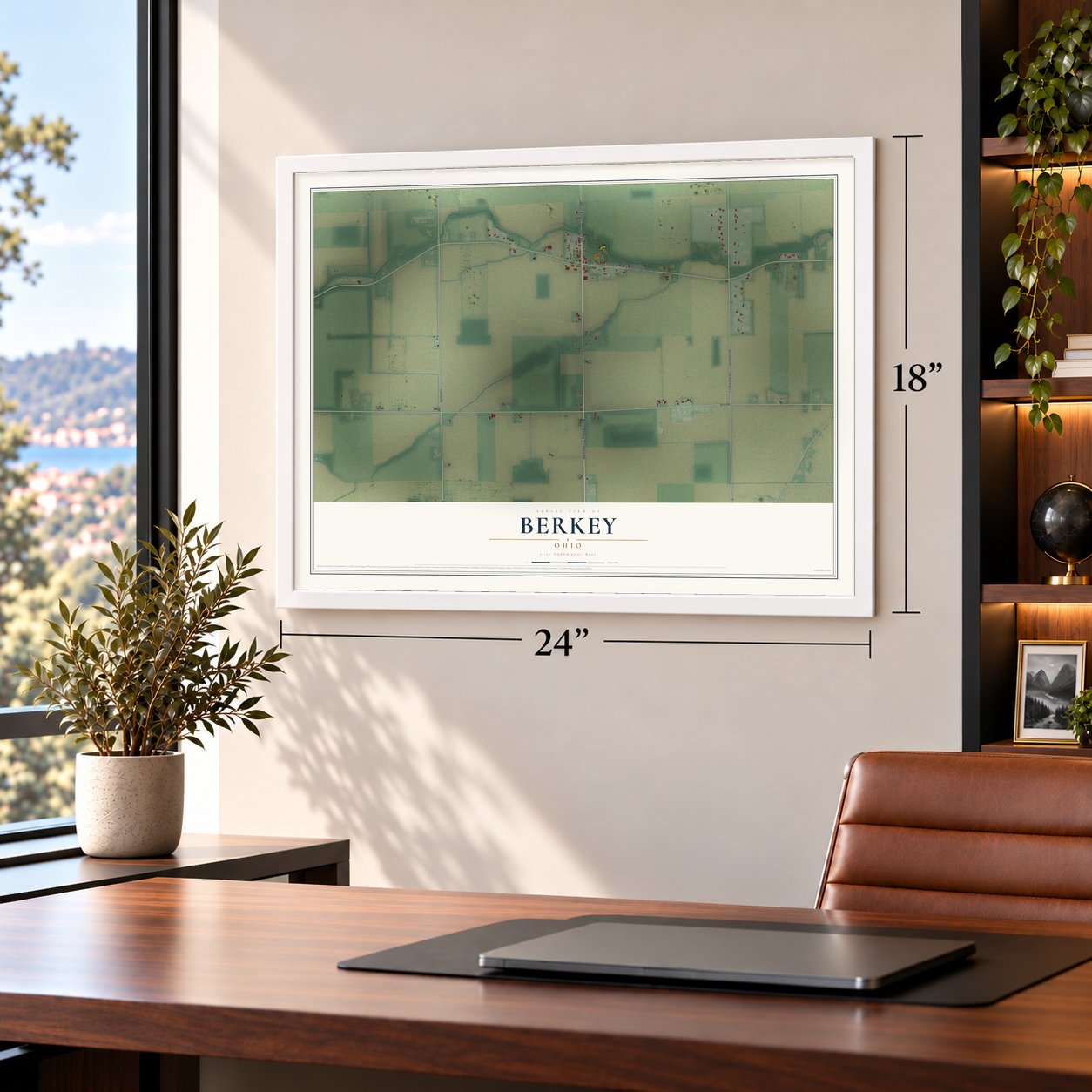 Berkey, Ohio map, 18 x 24 inch print in a white frame in a home office