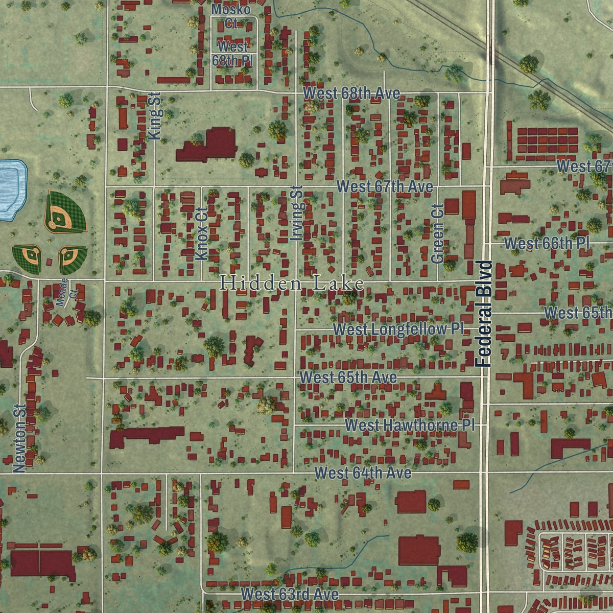 Second close-up of the map of Berkley, Colorado print showing more streets and buildings