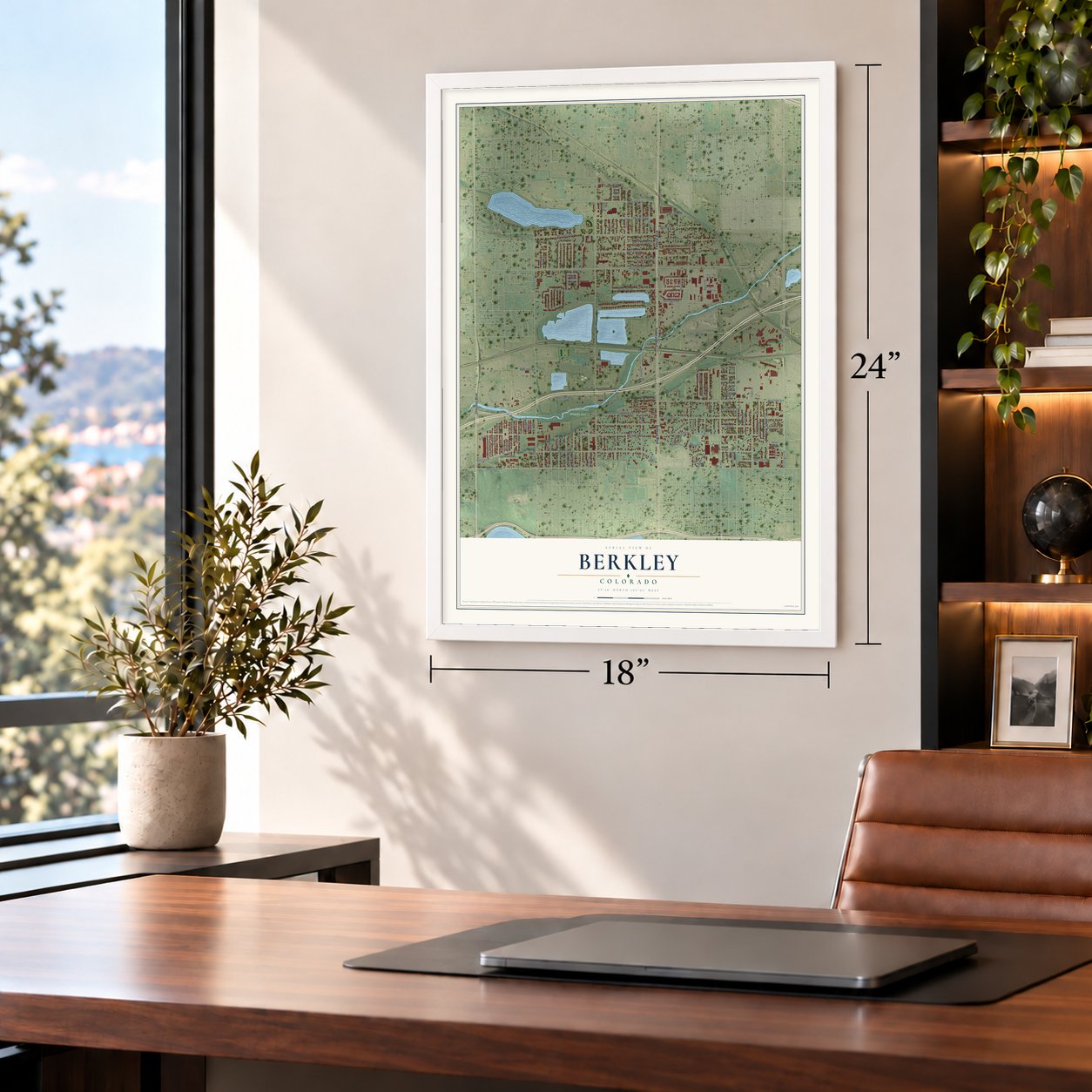 Berkley, Colorado map, 18 x 24 inch print in a white frame in a home office