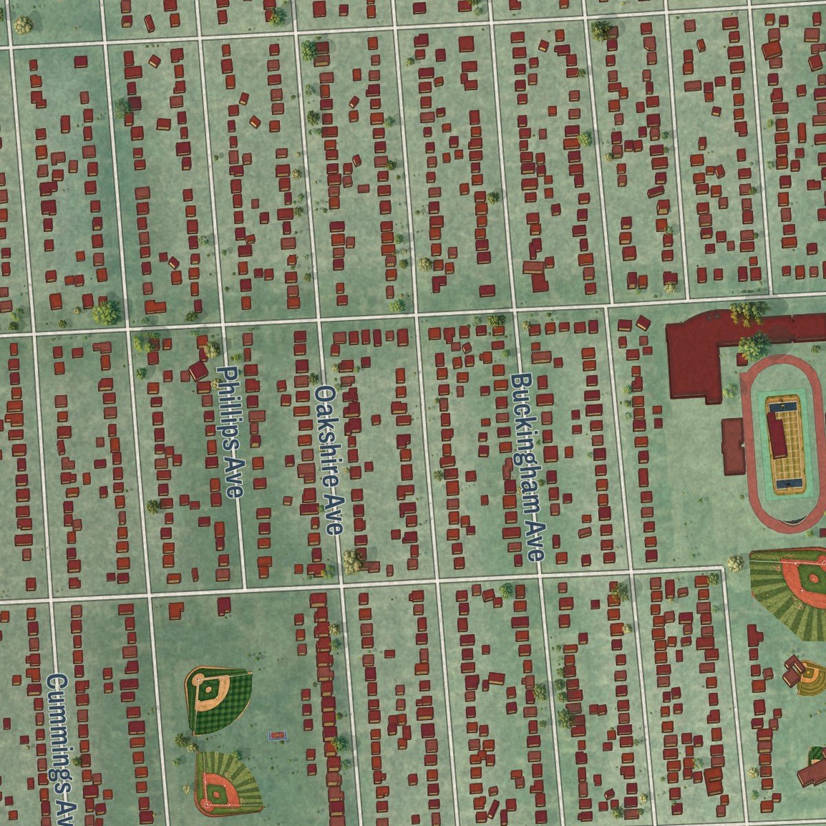 Second close-up of the map of Berkley, Michigan print showing more streets and buildings