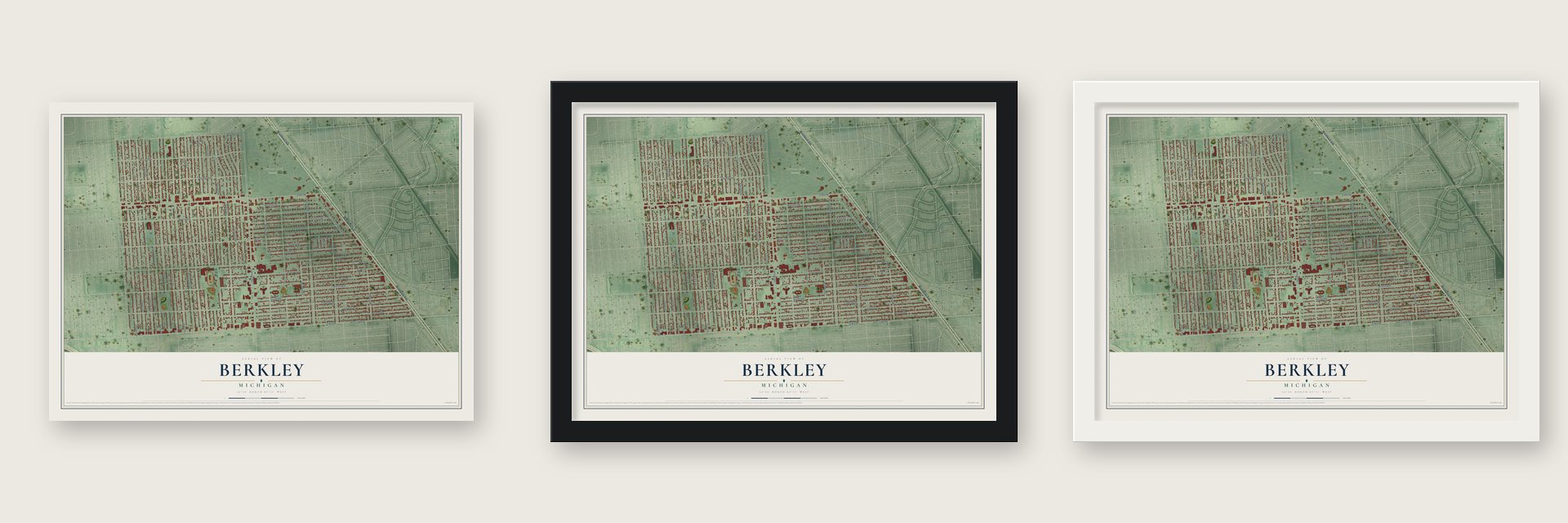 Berkley, Michigan map unframed, in a black wood frame and in a white wood frame