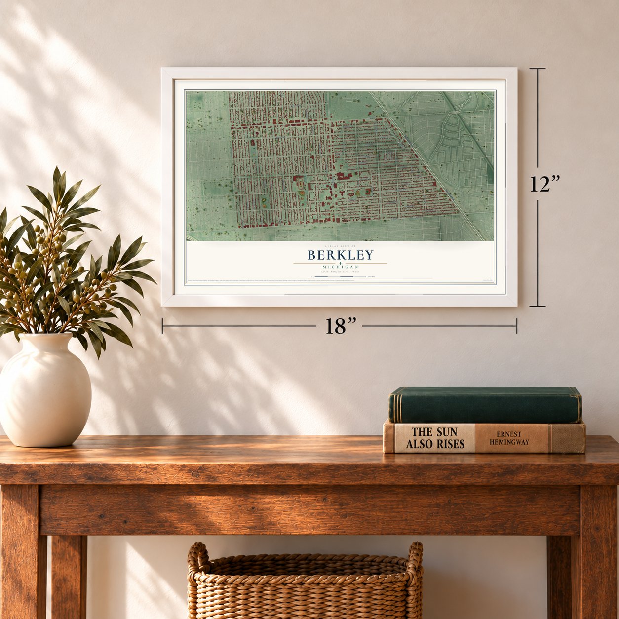 Berkley, Michigan map, 12 x 18 inch print in a white frame in an entryway