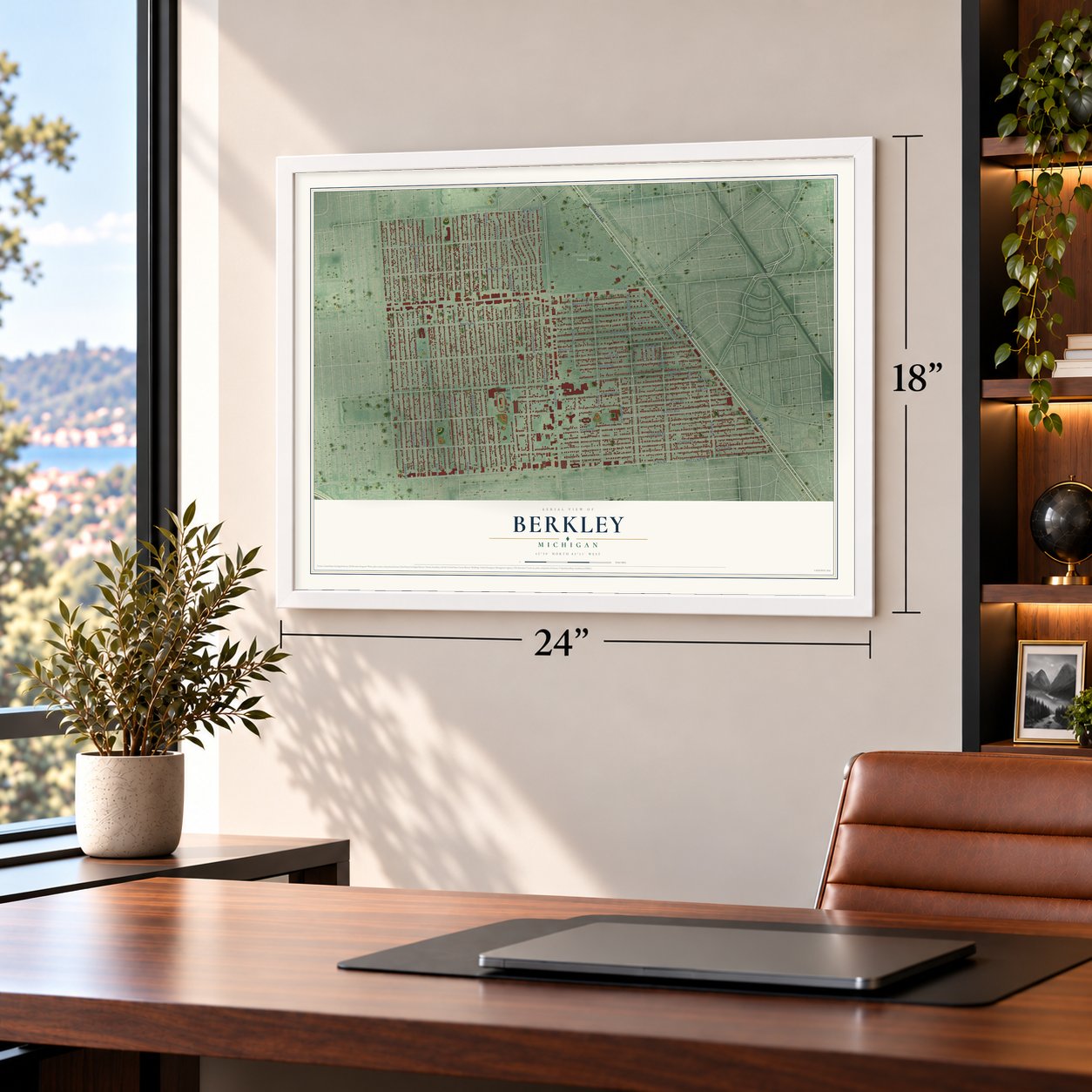 Berkley, Michigan map, 18 x 24 inch print in a white frame in a home office