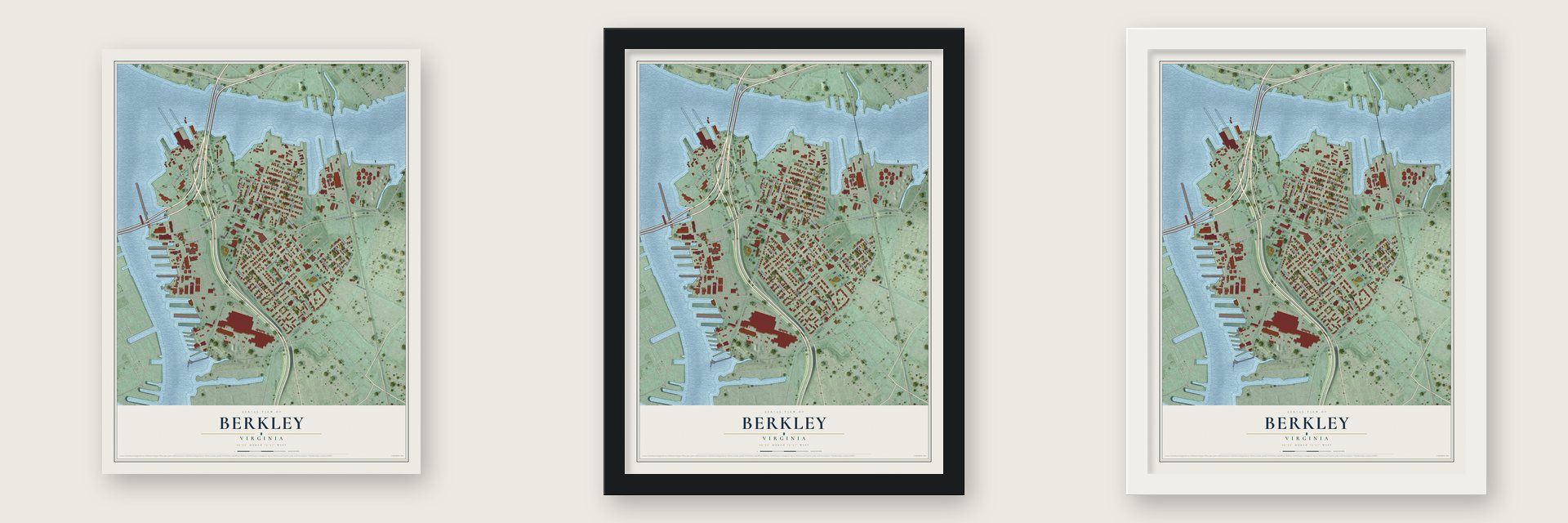 Berkley, Virginia map unframed, in a black wood frame and in a white wood frame