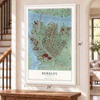 Berkley, Virginia map, 24 x 36 inch print in a white frame by a staircase