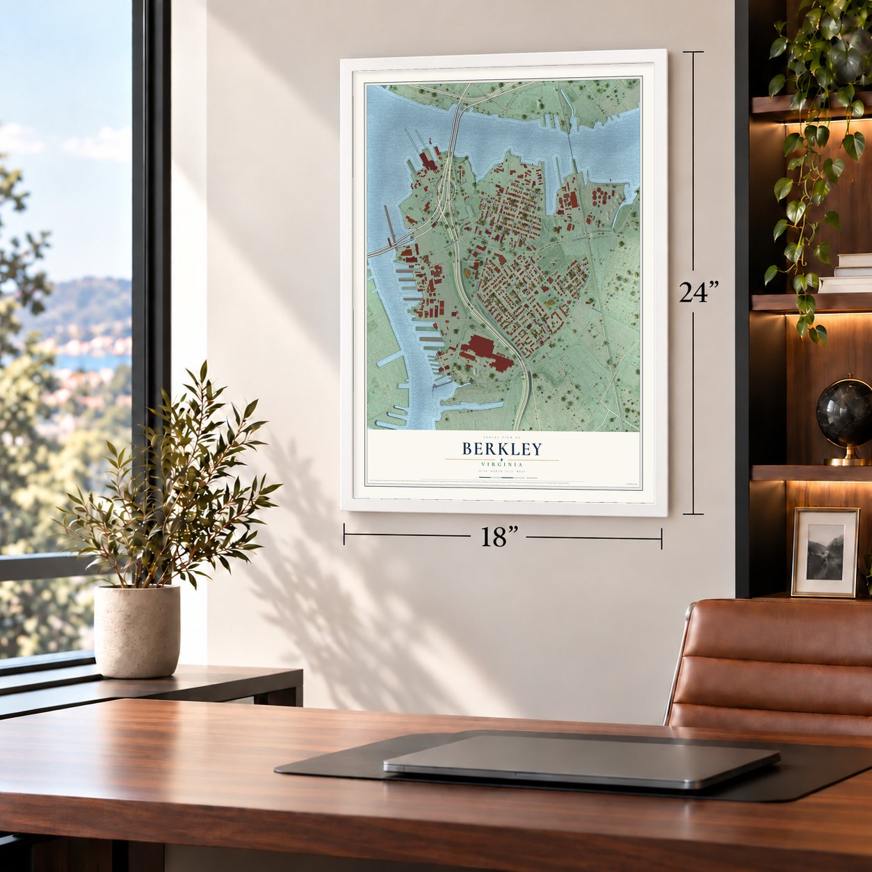Berkley, Virginia map, 18 x 24 inch print in a white frame in a home office