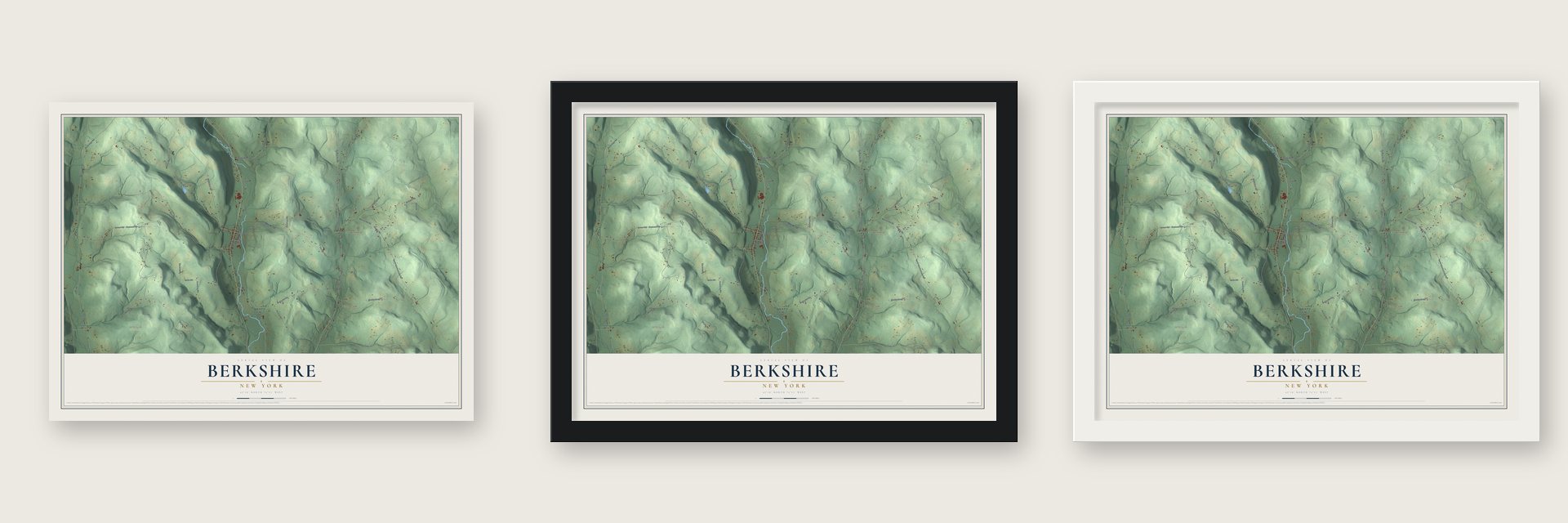 Berkshire, New York map unframed, in a black wood frame and in a white wood frame