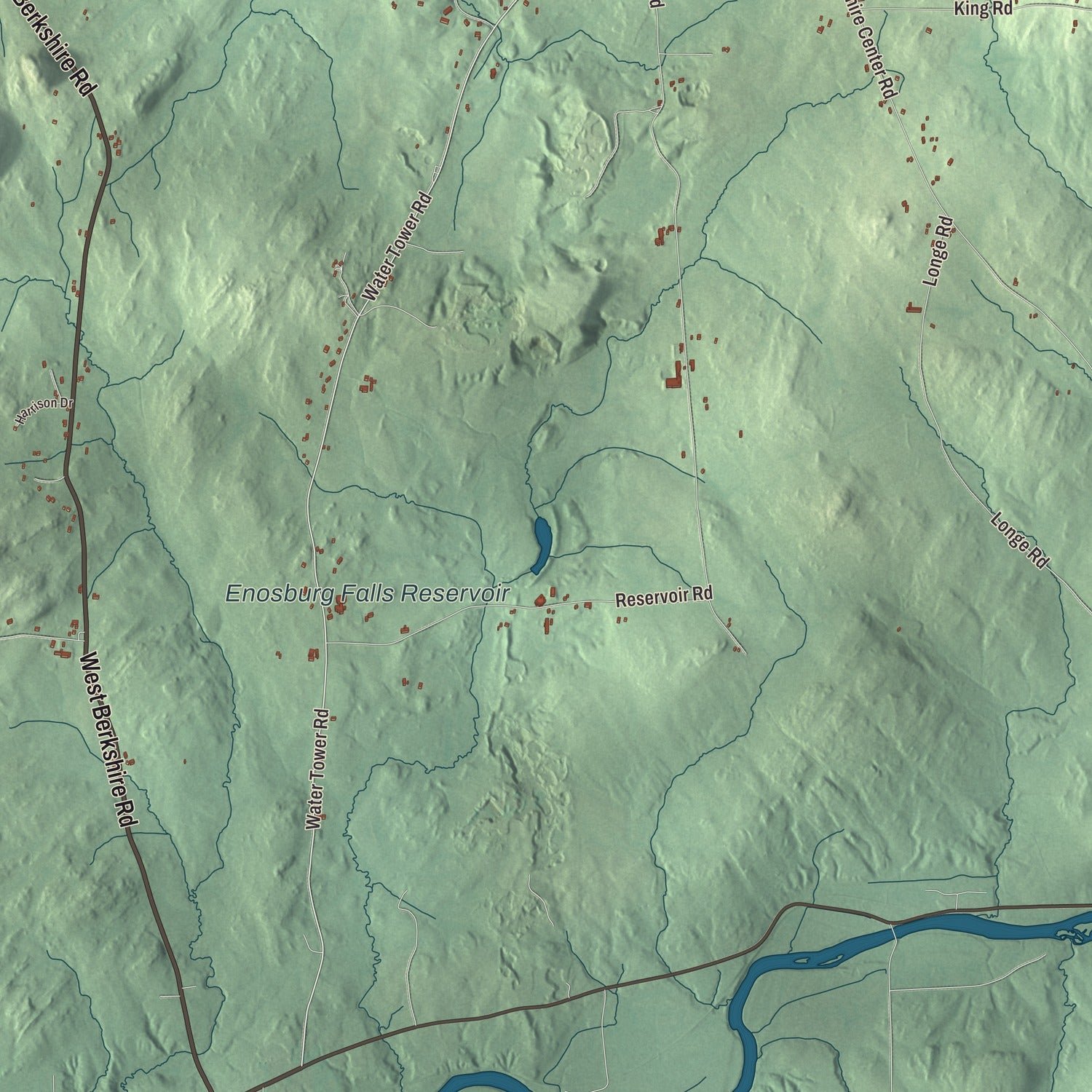 Close-up of the map of Berkshire, Vermont print showing terrain and local geography