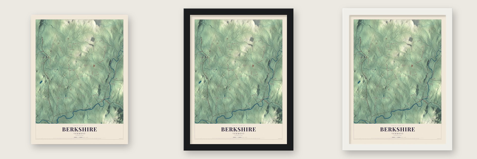 Berkshire, Vermont map unframed, in a black wood frame and in a white wood frame