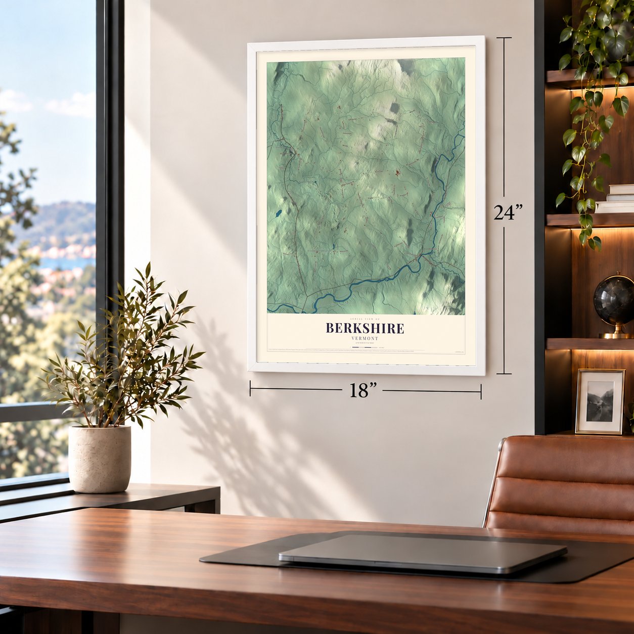 Berkshire, Vermont map, 18 x 24 inch print in a white frame in a home office