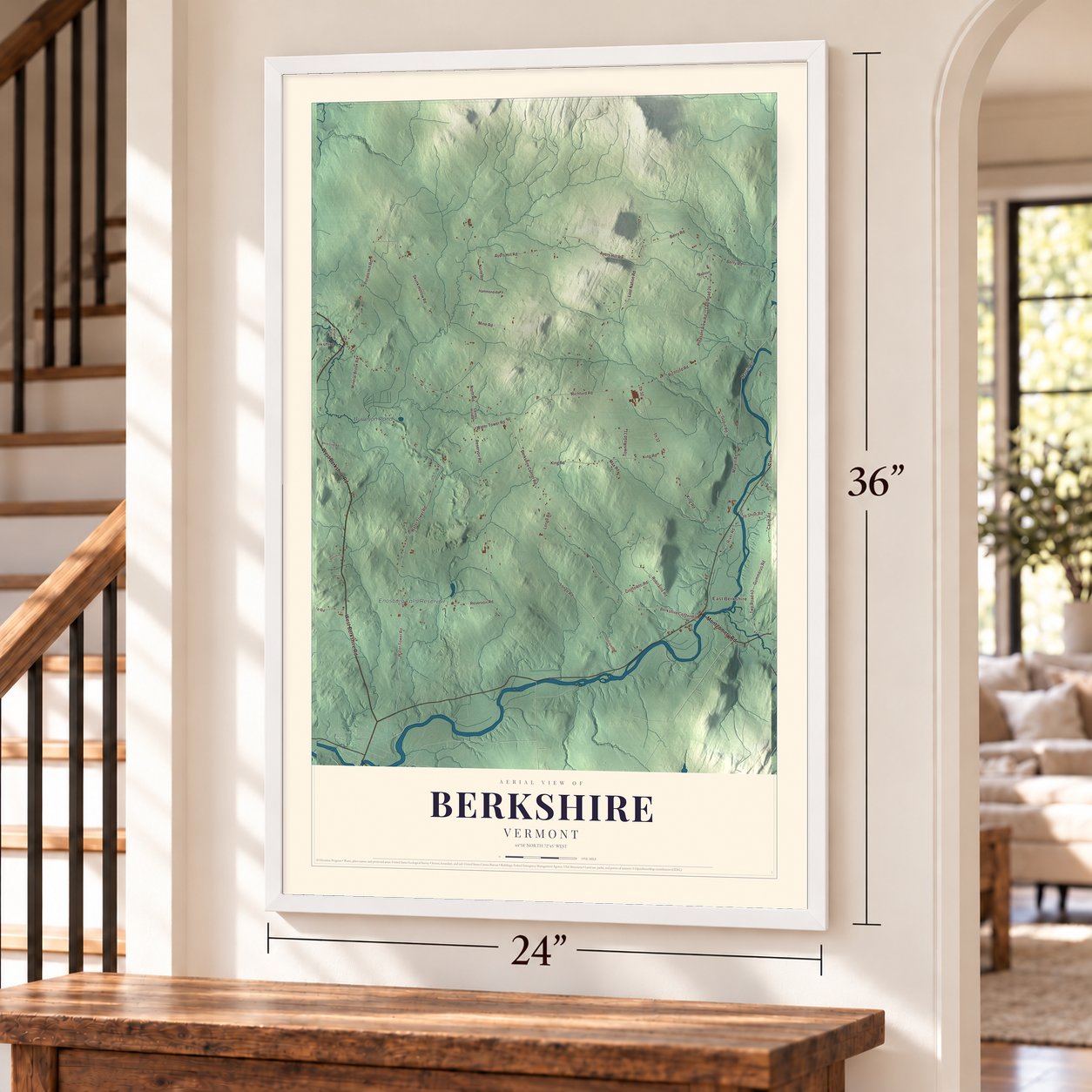 Berkshire, Vermont map, 24 x 36 inch print in a white frame by a staircase