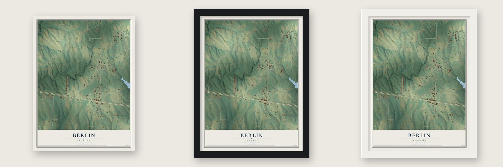 Berlin, Alabama map unframed, in a black wood frame and in a white wood frame