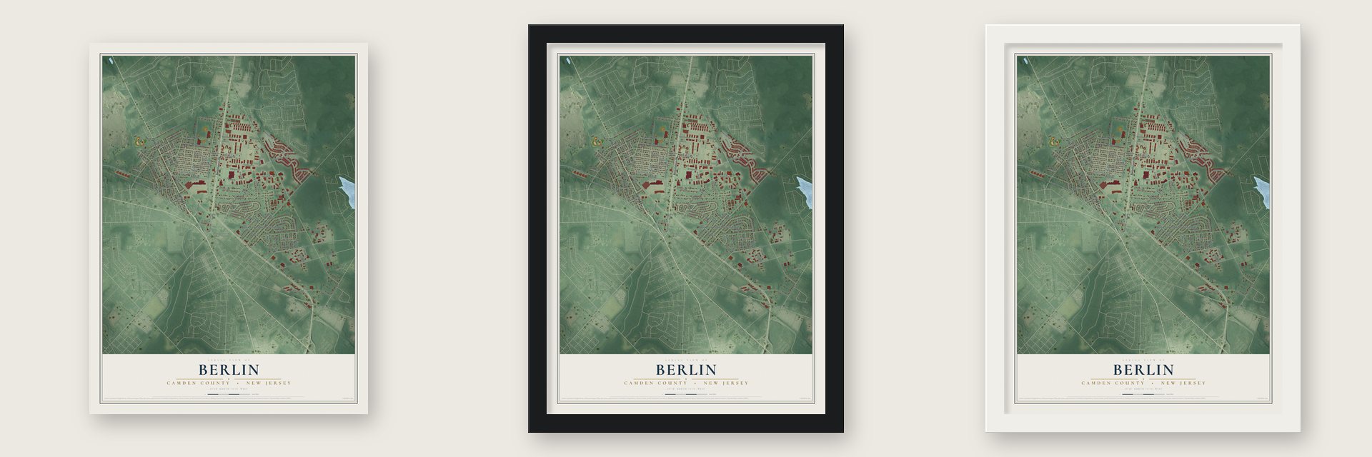 Berlin, Camden County, New Jersey map unframed, in a black wood frame and in a white wood frame