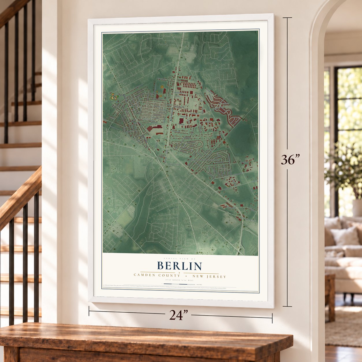 Berlin, Camden County, New Jersey map, 24 x 36 inch print in a white frame by a staircase