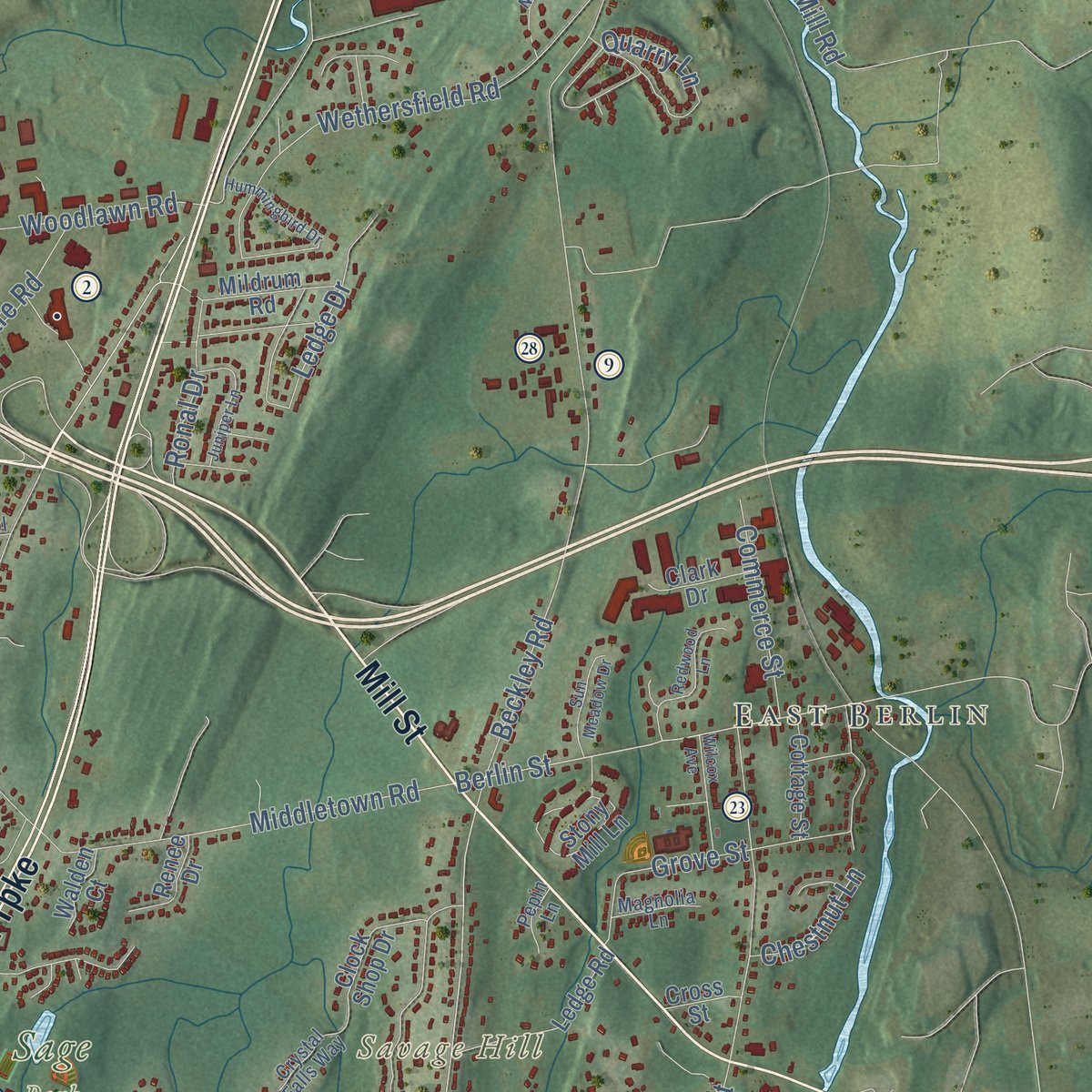 Second close-up of the map of Berlin, Connecticut print showing more streets and buildings