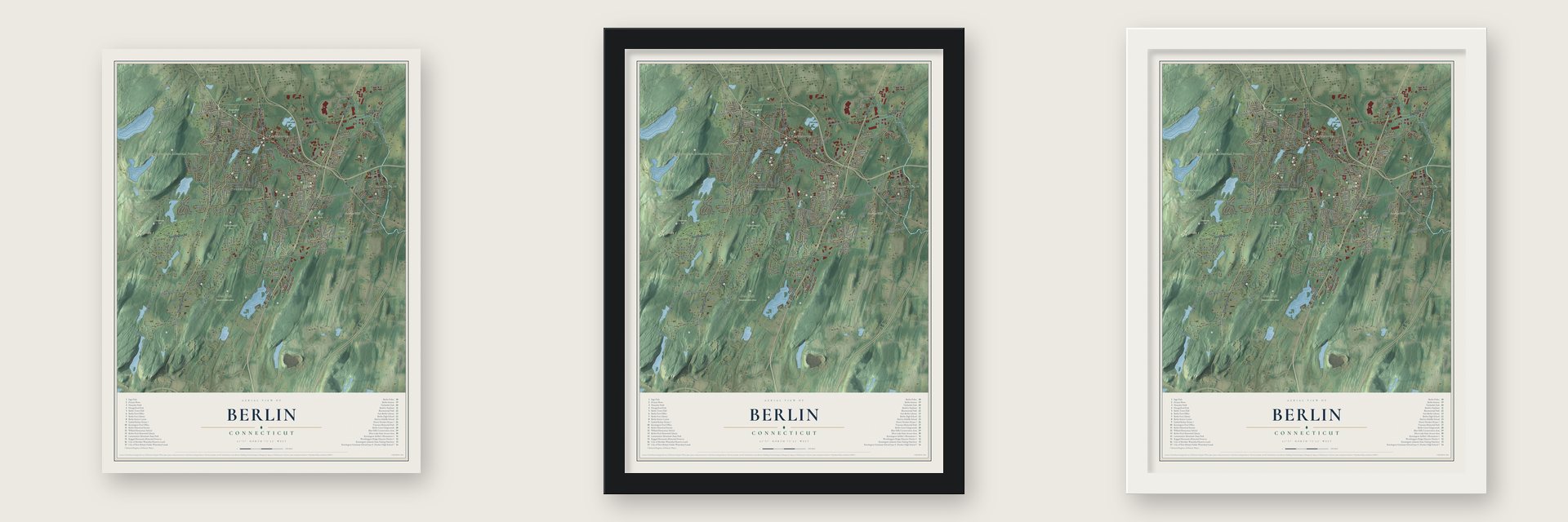 Berlin, Connecticut map unframed, in a black wood frame and in a white wood frame