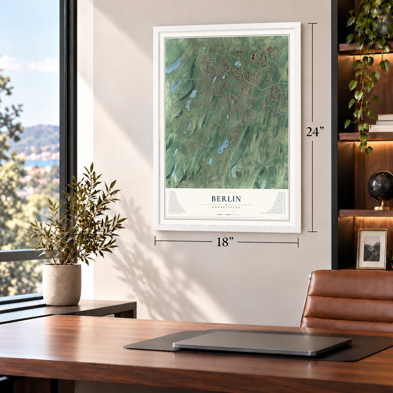 Berlin, Connecticut map, 18 x 24 inch print in a white frame in a home office