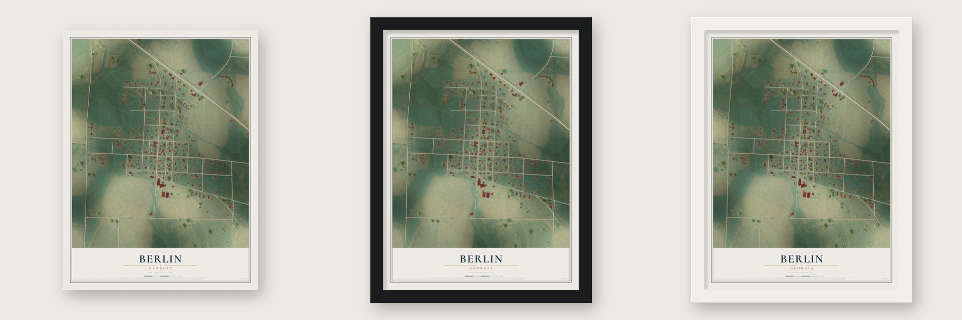 Berlin, Georgia map unframed, in a black wood frame and in a white wood frame