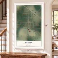Berlin, Georgia map, 24 x 36 inch print in a white frame by a staircase