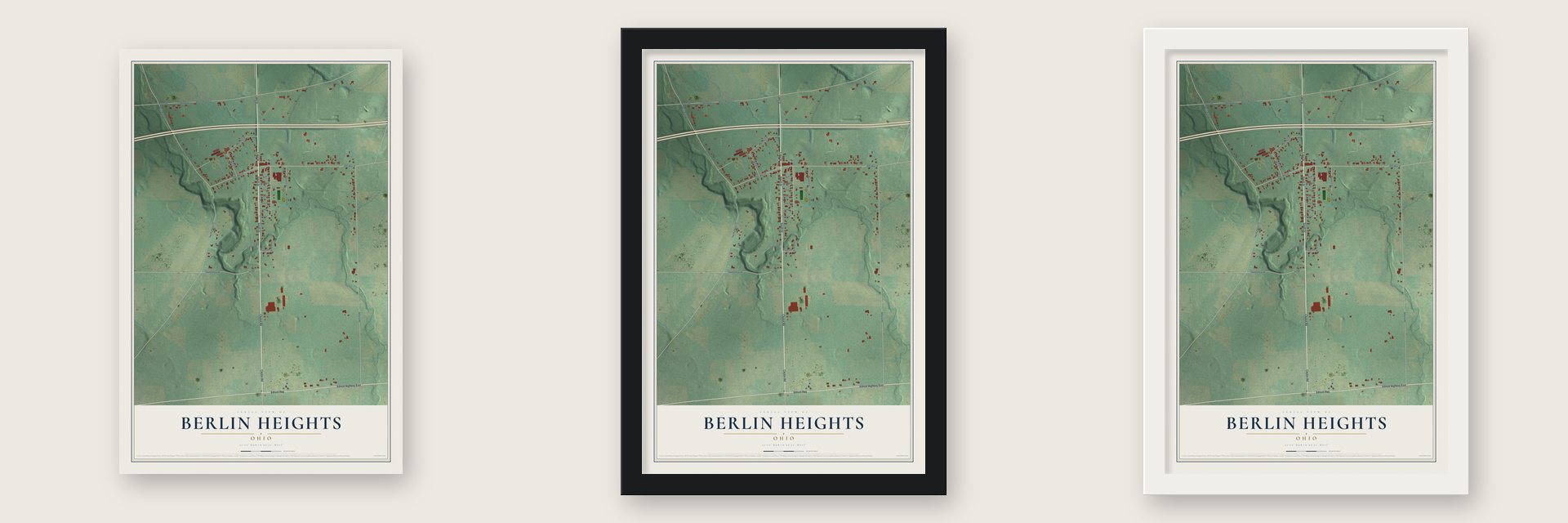 Berlin Heights, Ohio map unframed, in a black wood frame and in a white wood frame