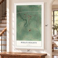 Berlin Heights, Ohio map, 24 x 36 inch print in a white frame by a staircase