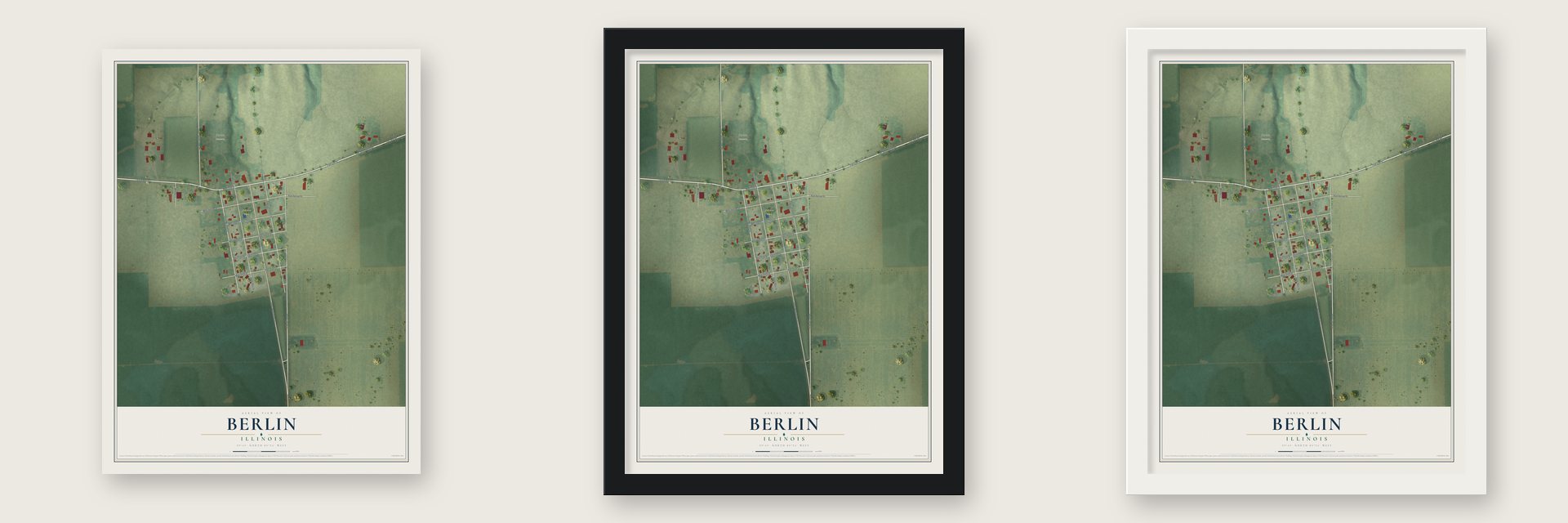 Berlin, Illinois map unframed, in a black wood frame and in a white wood frame