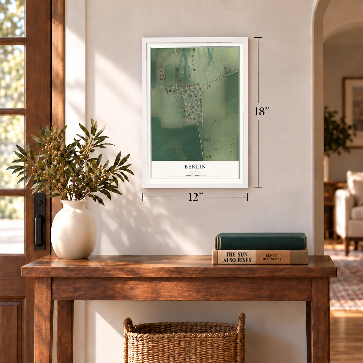 Berlin, Illinois map, 12 x 18 inch print in a white frame in an entryway