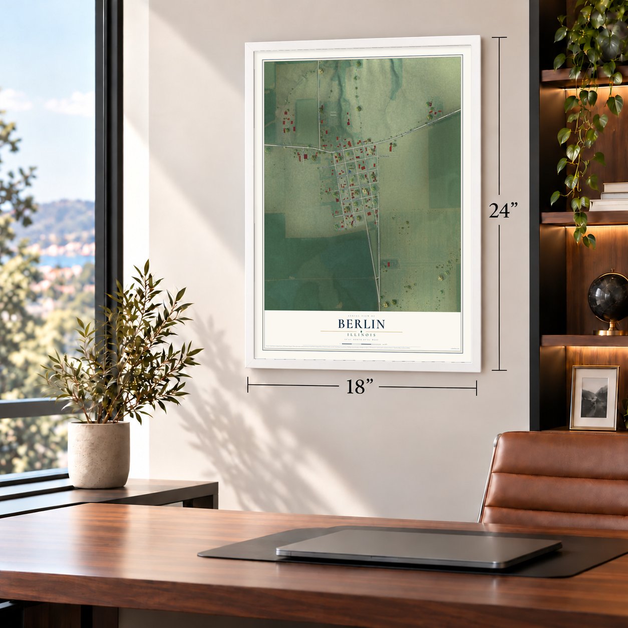 Berlin, Illinois map, 18 x 24 inch print in a white frame in a home office