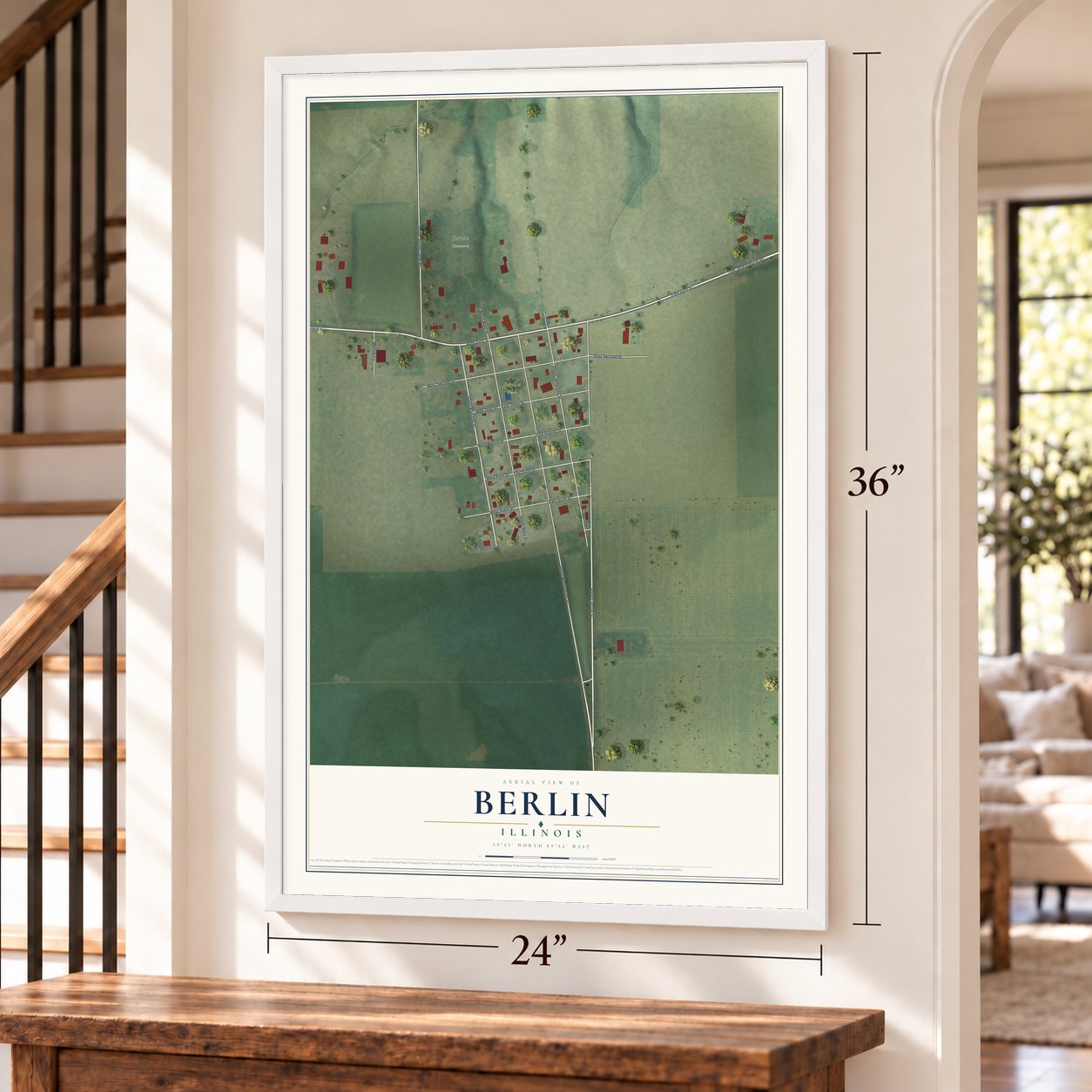 Berlin, Illinois map, 24 x 36 inch print in a white frame by a staircase