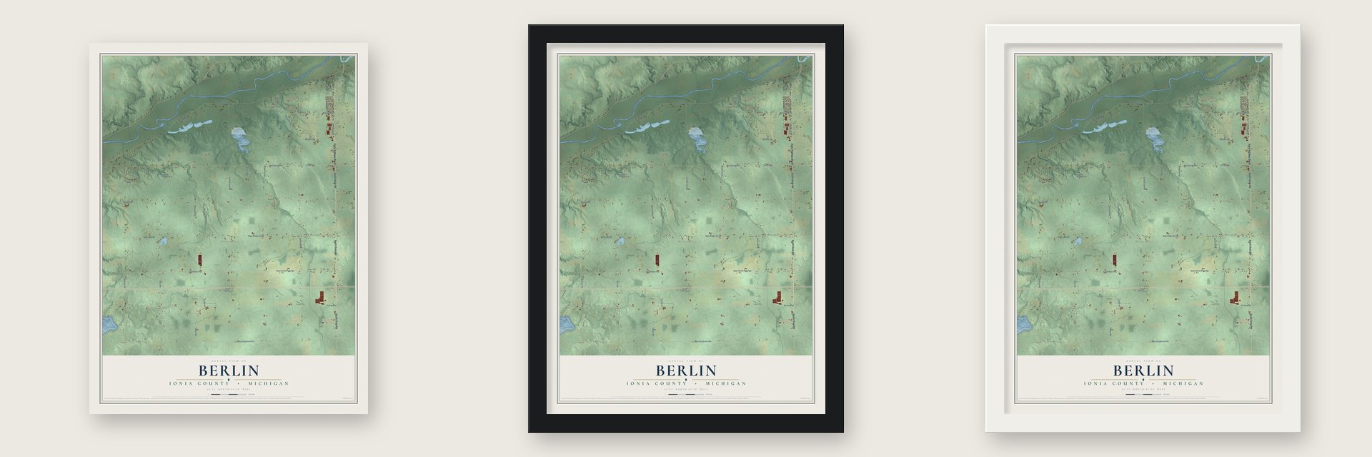 Berlin, Ionia County, Michigan map unframed, in a black wood frame and in a white wood frame