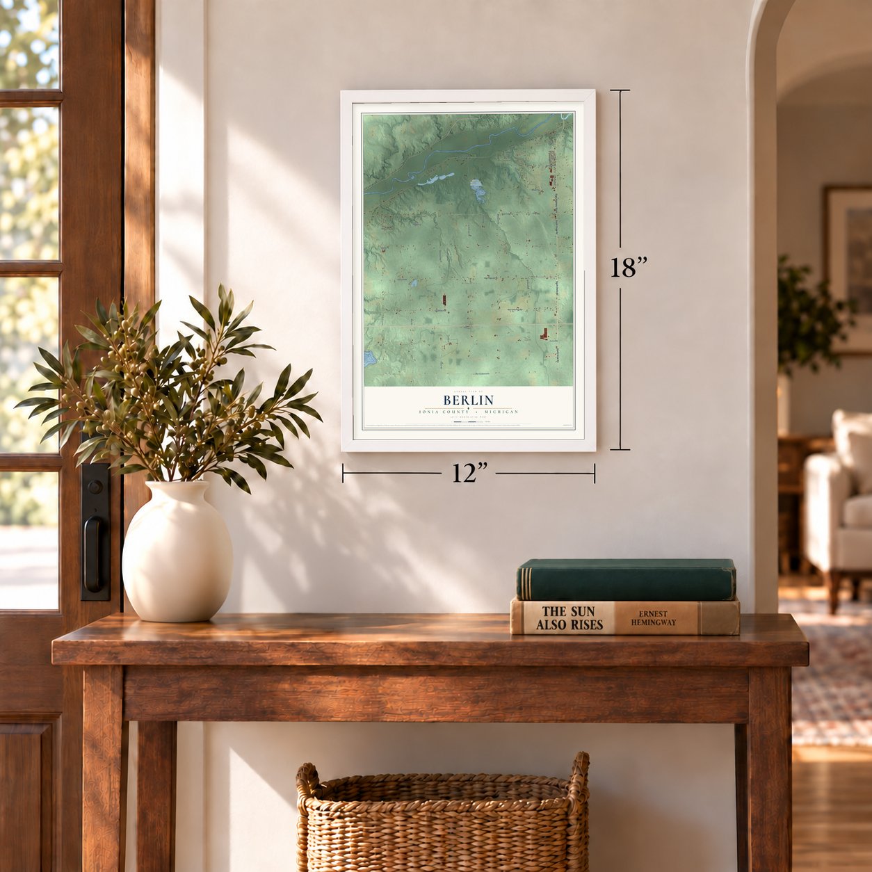 Berlin, Ionia County, Michigan map, 12 x 18 inch print in a white frame in an entryway
