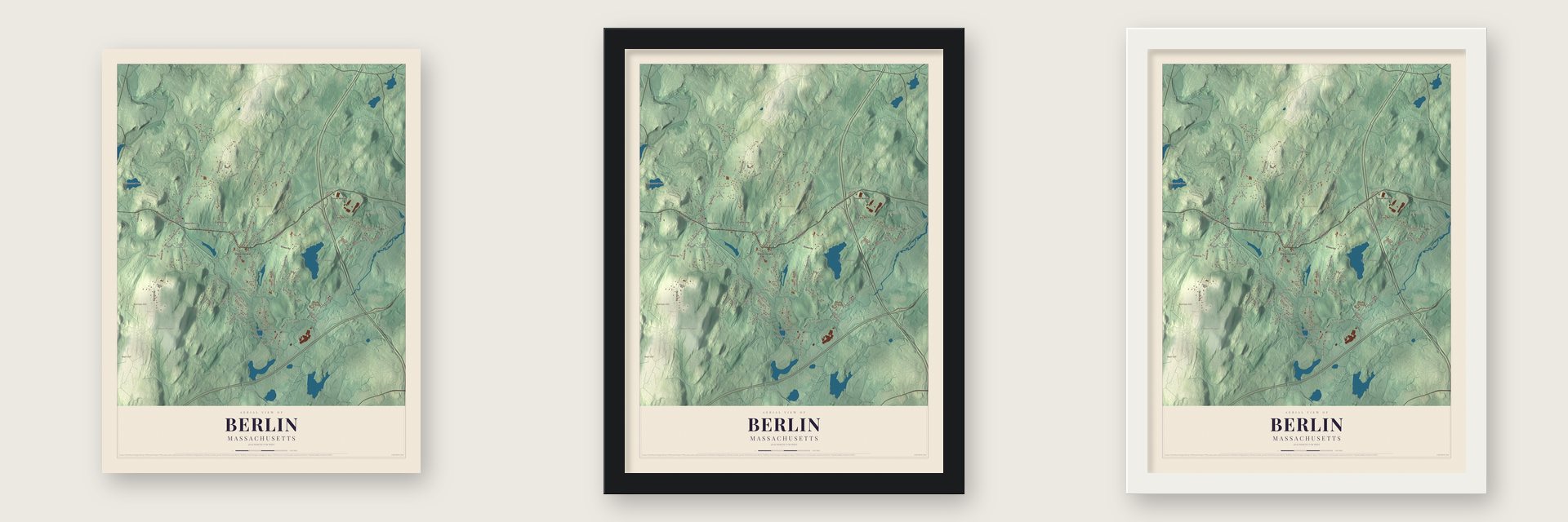 Berlin, Massachusetts map unframed, in a black wood frame and in a white wood frame
