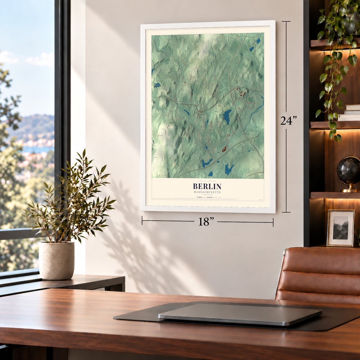 Berlin, Massachusetts map, 18 x 24 inch print in a white frame in a home office