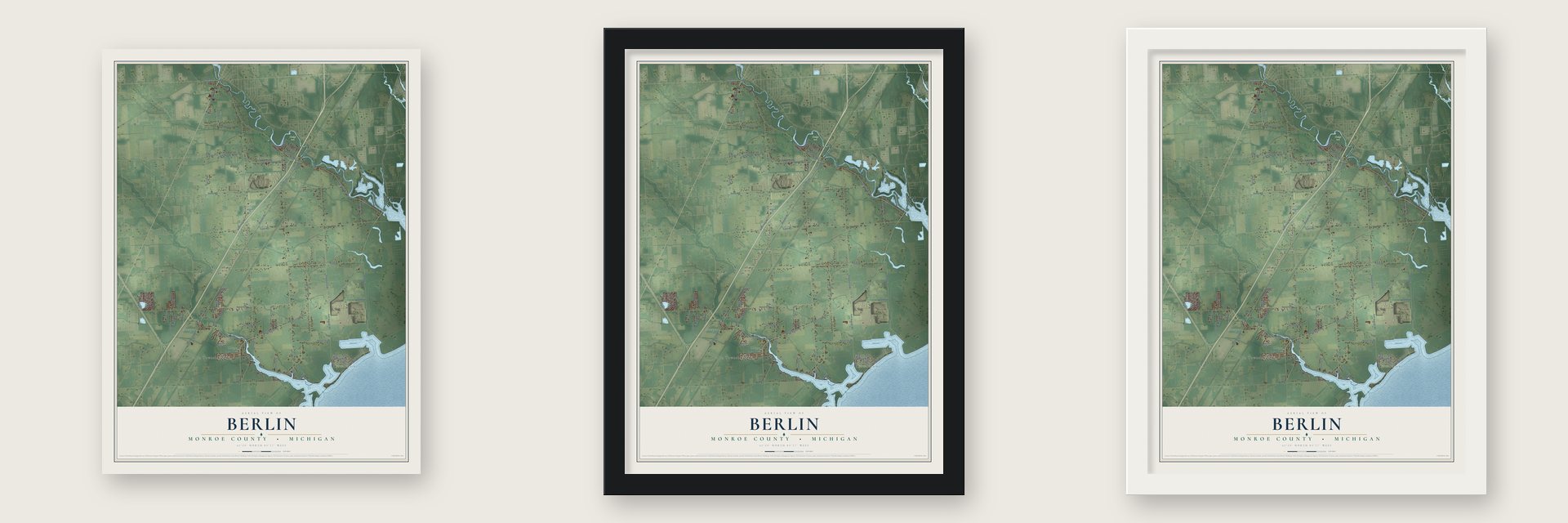 Berlin, Monroe County, Michigan map unframed, in a black wood frame and in a white wood frame