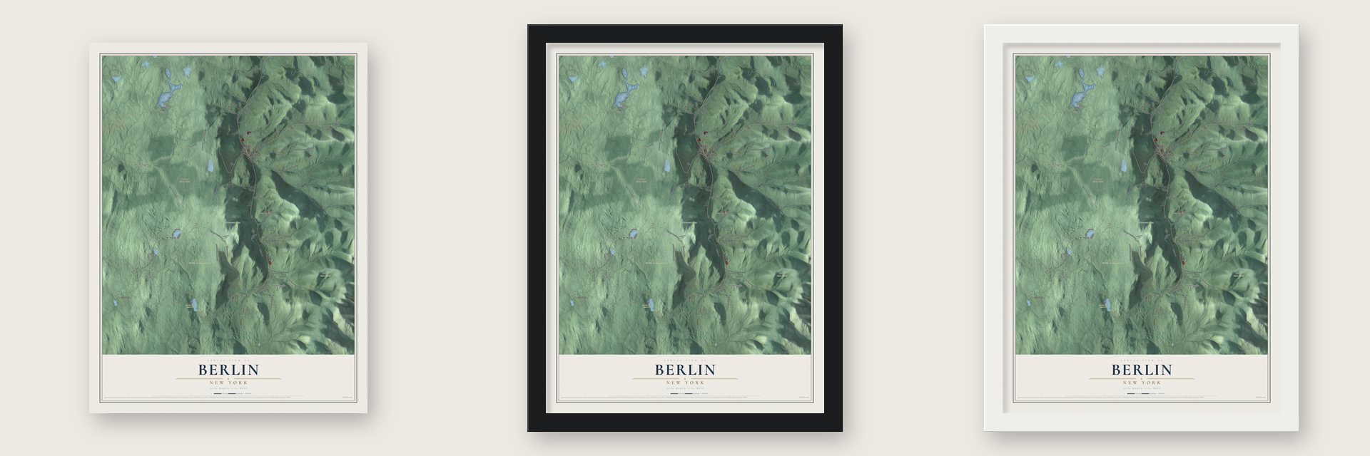 Berlin, New York map unframed, in a black wood frame and in a white wood frame