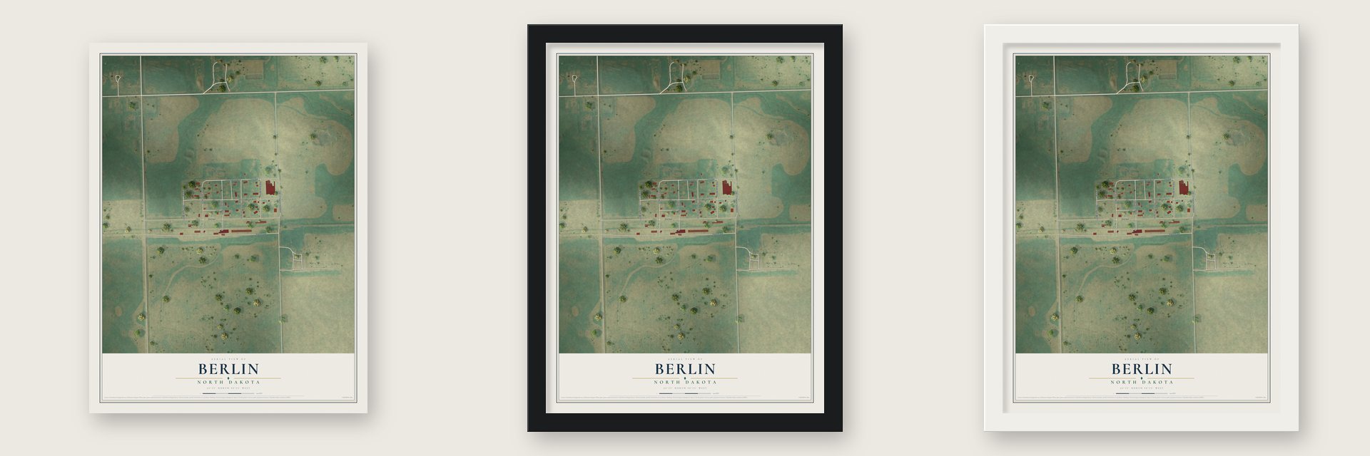 Berlin, North Dakota map unframed, in a black wood frame and in a white wood frame
