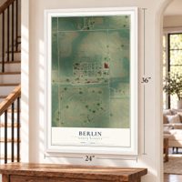 Berlin, North Dakota map, 24 x 36 inch print in a white frame by a staircase
