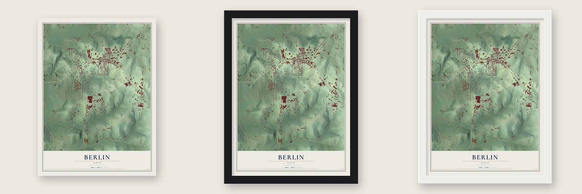 Berlin, Ohio map unframed, in a black wood frame and in a white wood frame